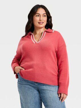 Women's Long Sleeve Knit Johnny Collar Sweater - Ava & Viv™ Coral Red 1X